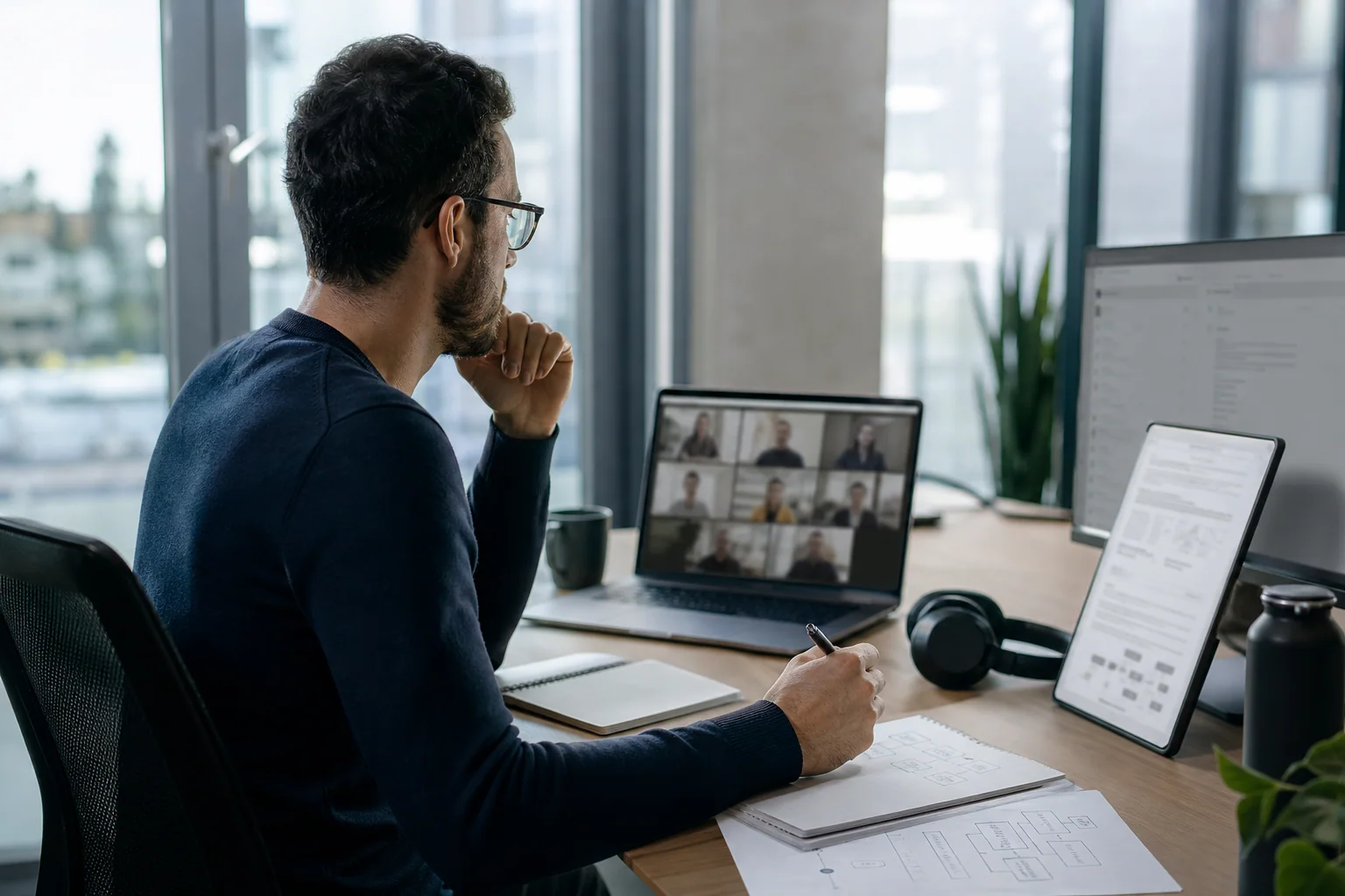 Profissional em ambiente de trabalho olhando para notebook com elementos visuais de e-mail, reunião e documentação ao redor, sugerindo diferentes usos do inglês no trabalho.