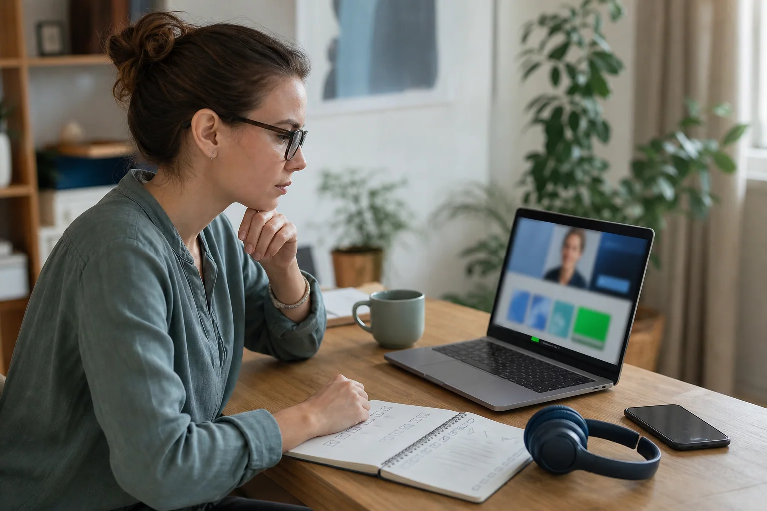 Profissional em mesa de trabalho analisa um curso online no notebook com caderno de checklist ao lado, em ambiente de home office iluminado naturalmente.