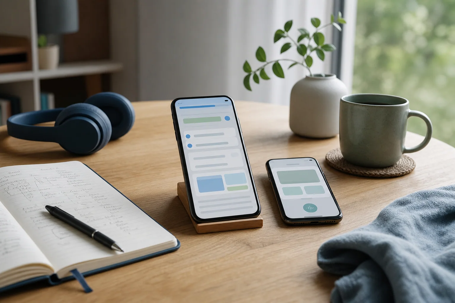 Mesa de estudo organizada com dois smartphones lado a lado, sugerindo um app principal e outro complementar para estudar inglês com foco.