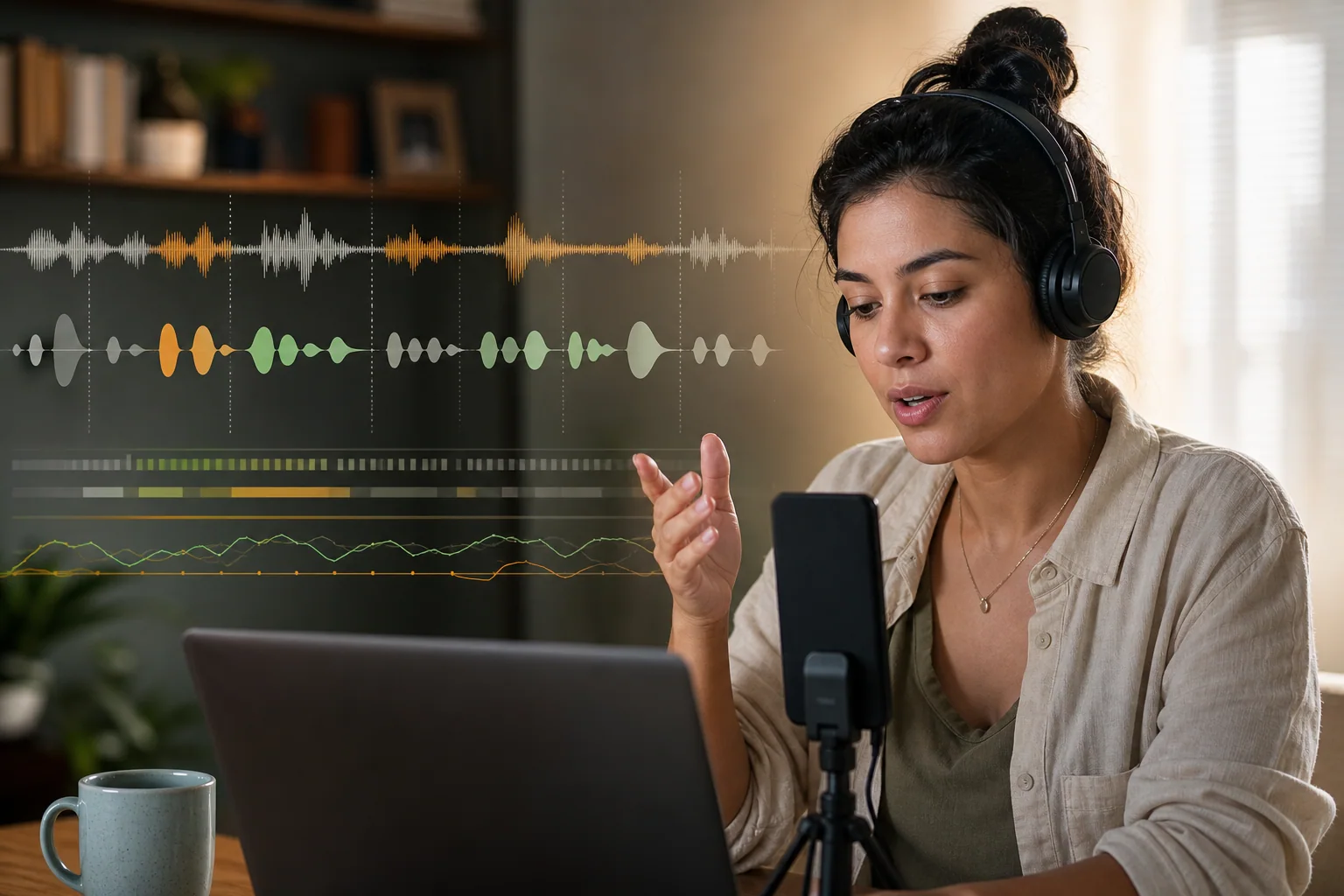 Pessoa adulta brasileira pratica pronúncia em inglês com gravação de voz e visualização abstrata de ritmo e feedback automático em um ambiente de estudo.
