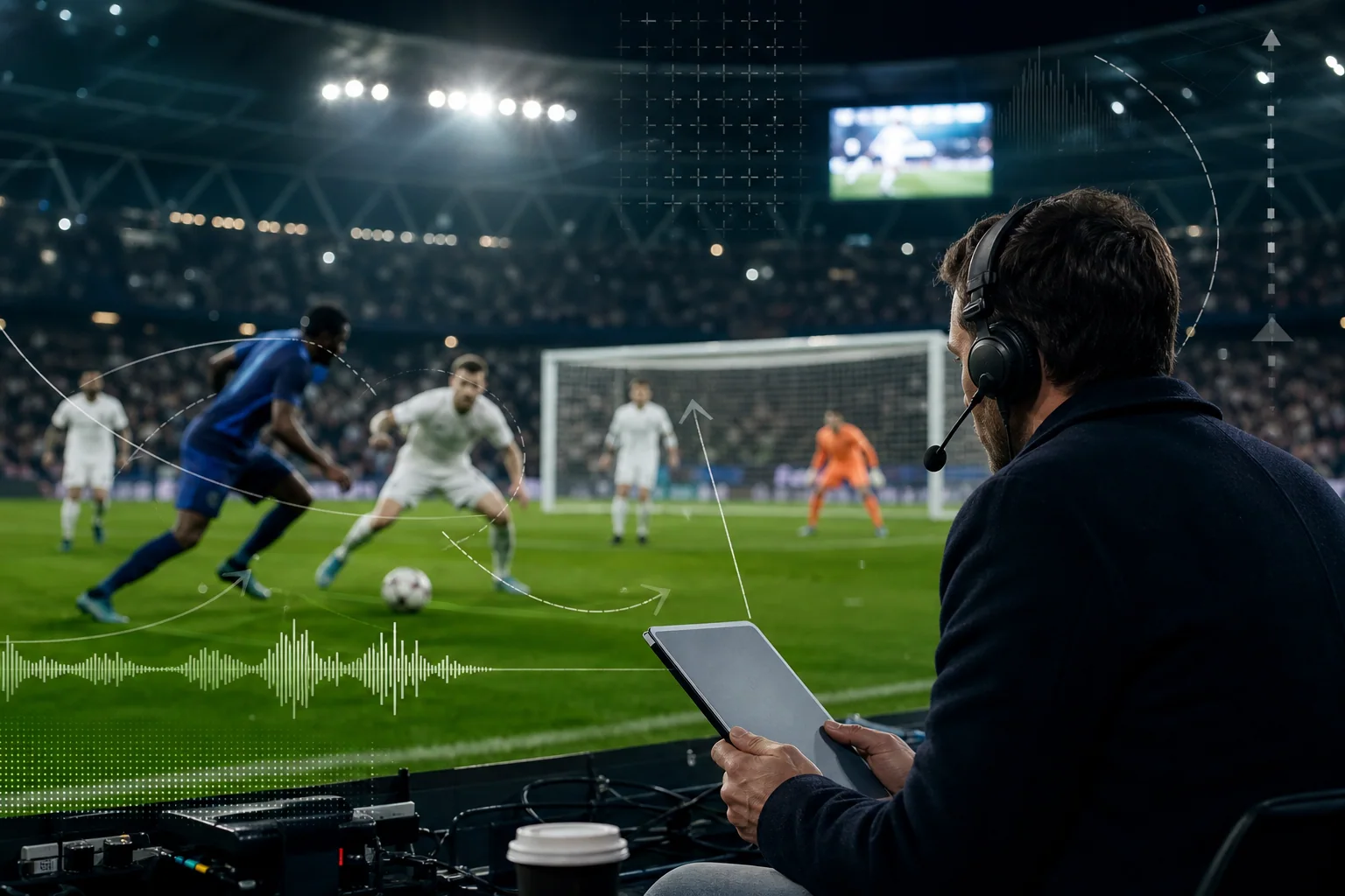 Comentarista esportivo à beira do campo observa jogada em estádio iluminado, com elementos visuais abstratos que remetem a manchetes e análise de futebol em inglês.