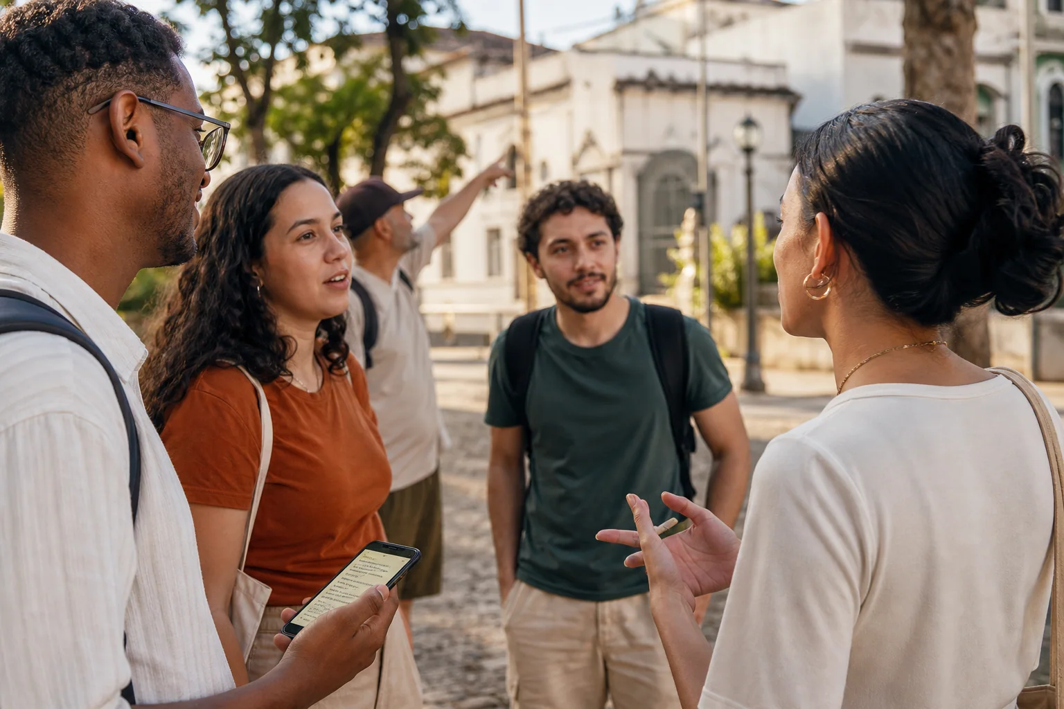 Grupo pequeno de adultos conversando em inglês durante um passeio urbano, enquanto uma participante registra notas curtas no celular para revisar depois.