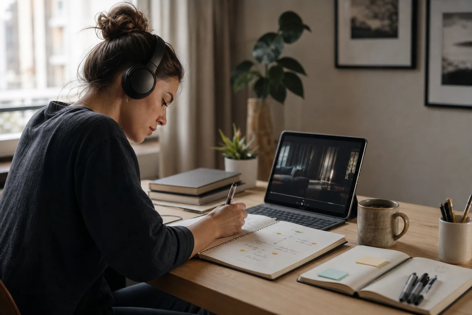 Pessoa estudando inglês com uma série em um notebook e fazendo anotações para filtrar expressões úteis em casa.