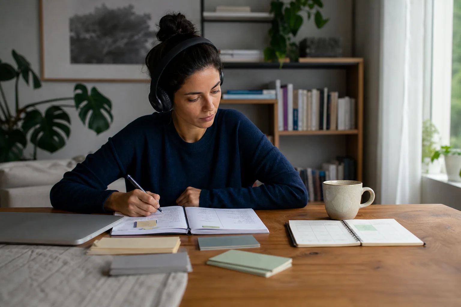 Pessoa adulta organizando uma rotina de estudos em casa, com materiais separados para dois idiomas e foco maior no inglês.