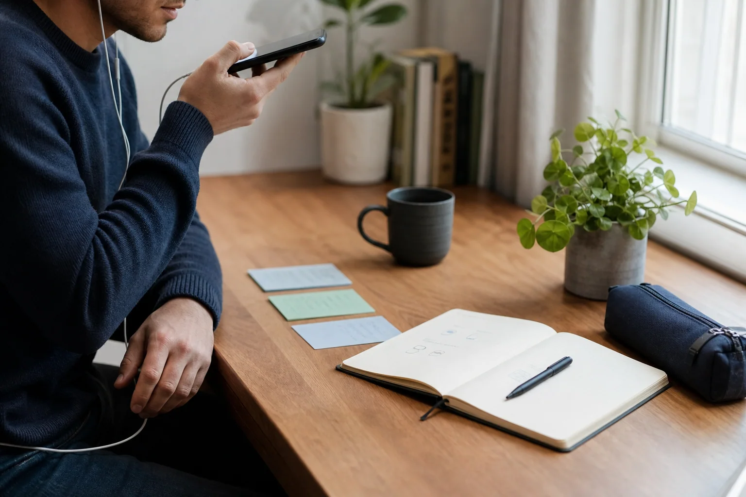 Pessoa estudando inglês com smartphone, poucas anotações organizadas e fones de ouvido em uma mesa clara, sugerindo input, revisão e fala em uma rotina simples.