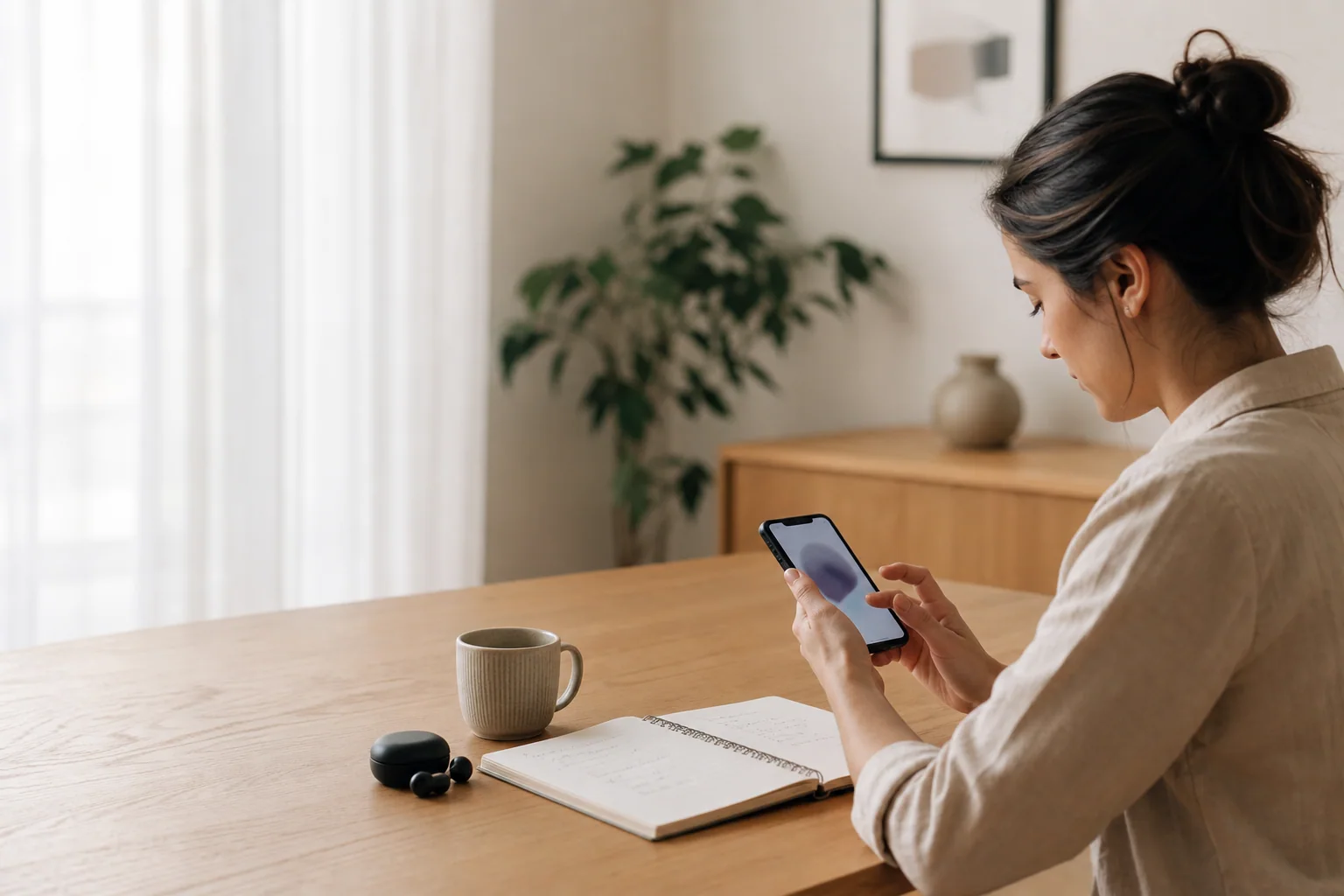 Pessoa estudando inglês pelo celular em uma mesa organizada, com caderno e poucos itens, sugerindo foco em um app principal sem acúmulo de ferramentas.