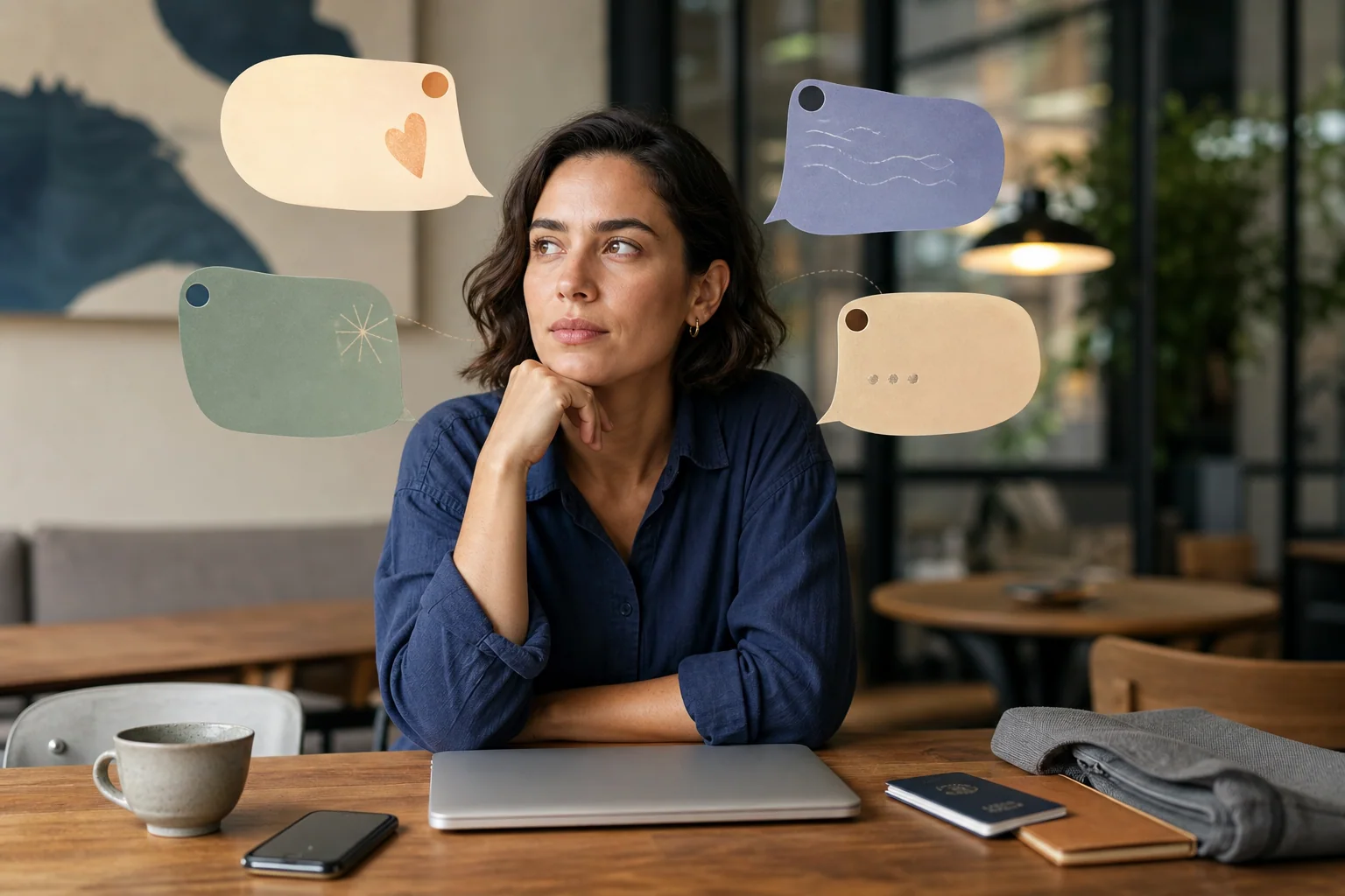 Pessoa em ambiente de café ou coworking refletindo sobre diferentes tons de comunicação, com formas visuais abstratas sugerindo gentileza, conselho, possibilidade e incerteza.