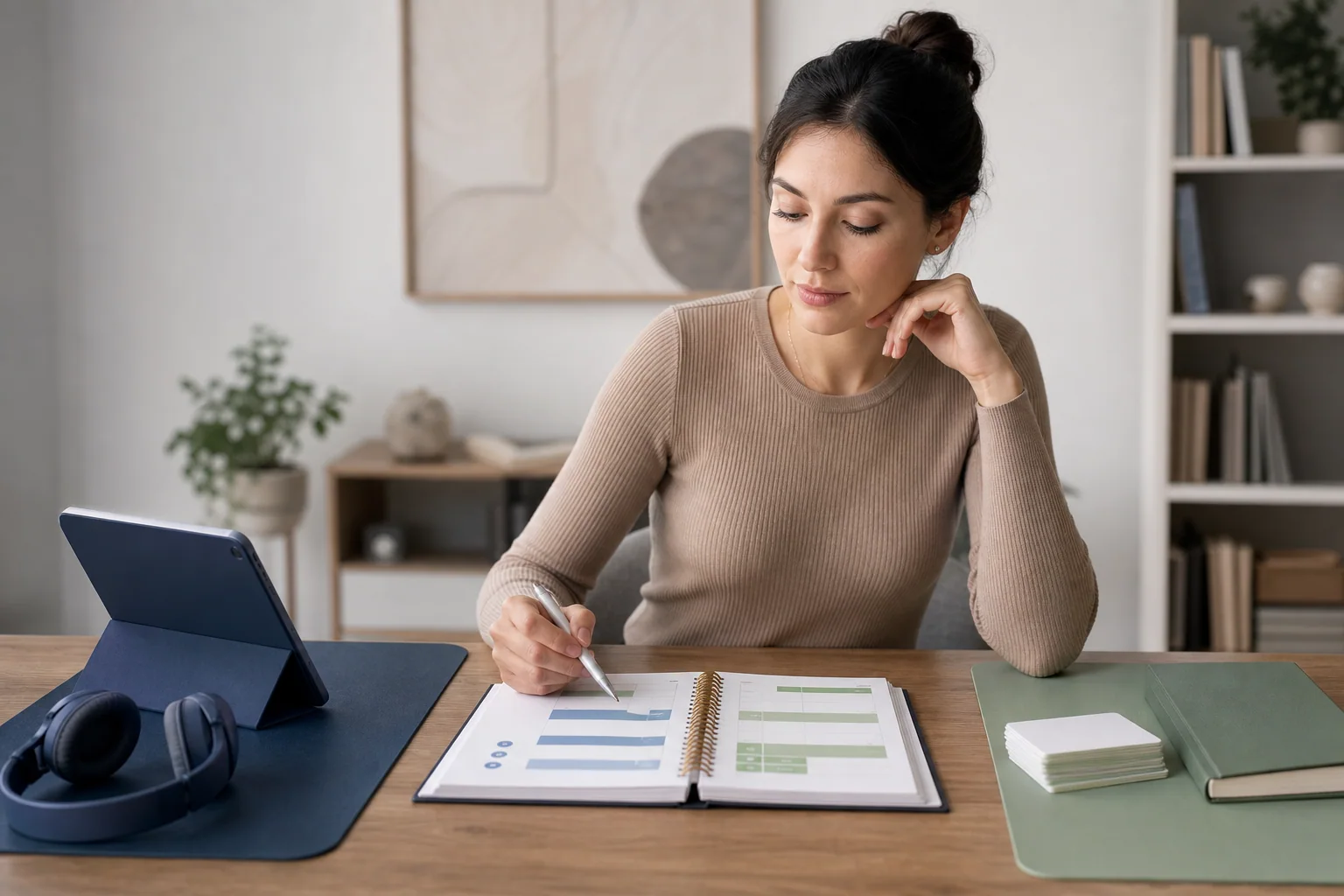 Pessoa adulta organiza dois conjuntos separados de materiais de estudo em uma mesa, planejando a rotina de idiomas com foco e equilíbrio.