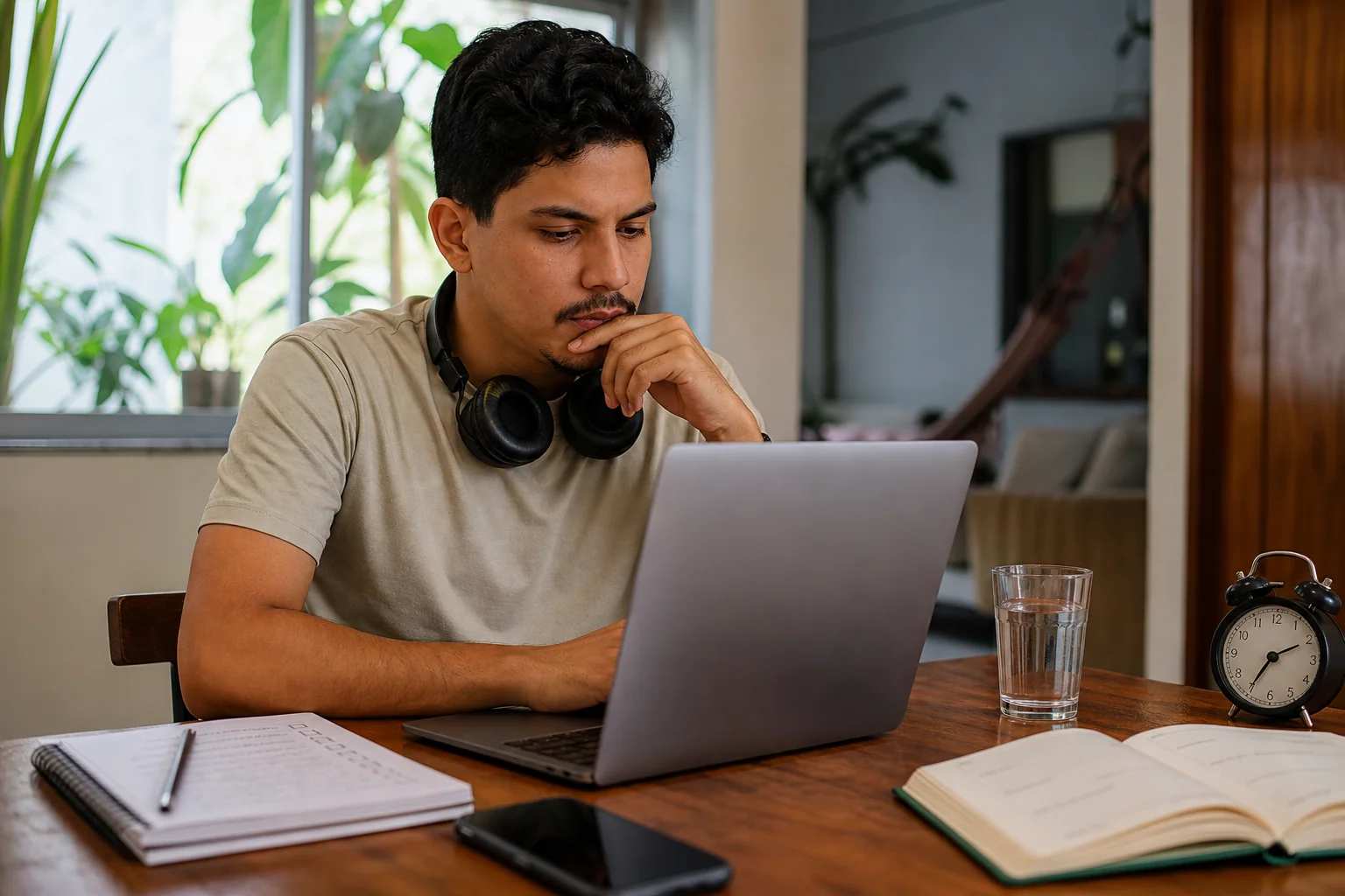 Jovem adulto analisa no notebook se um curso gratuito de inglês cabe na sua rotina, em mesa de estudo com celular e caderno.