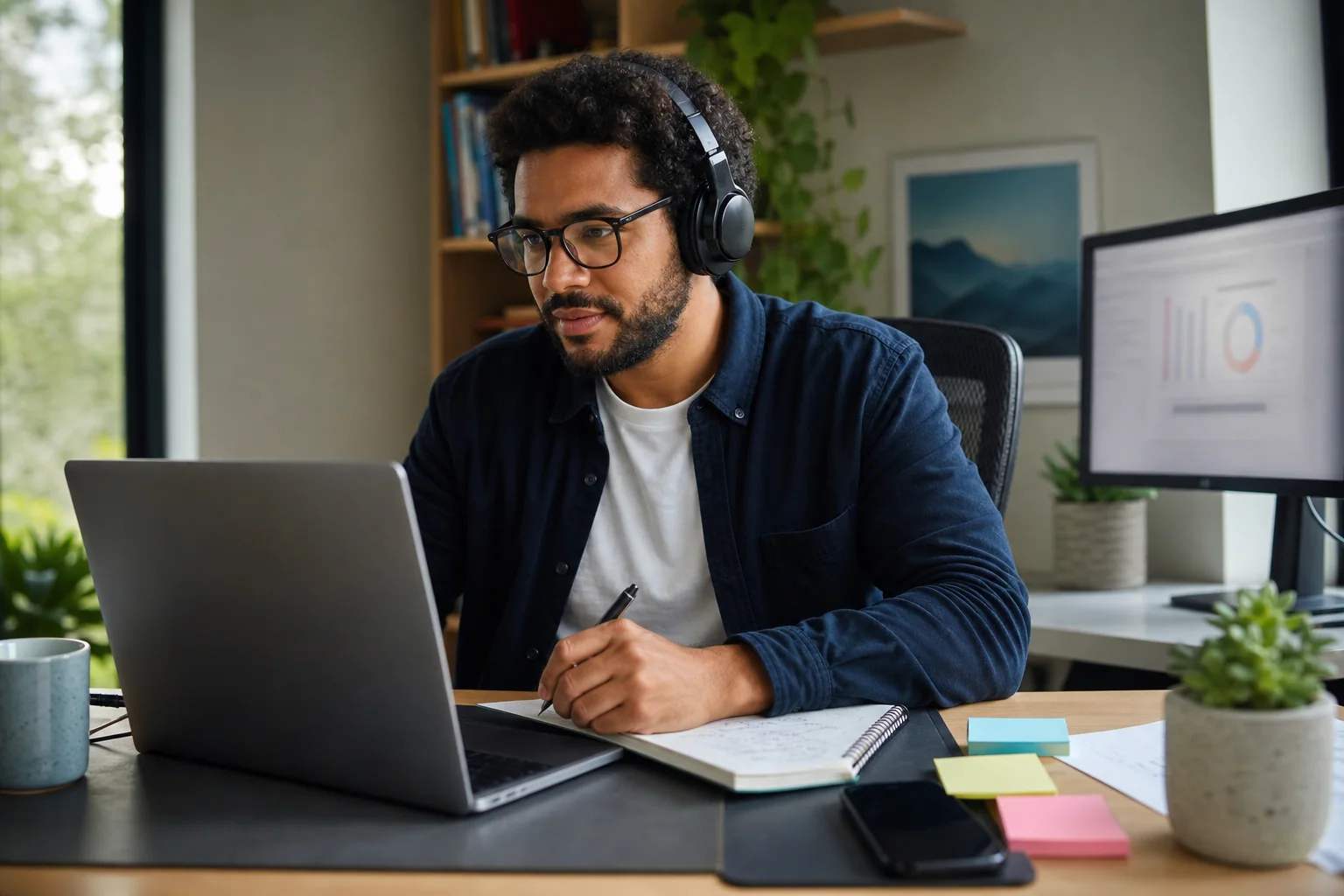 Profissional em ambiente de trabalho moderno participa de reunião online e consulta materiais no notebook, representando o uso prático do inglês no dia a dia.