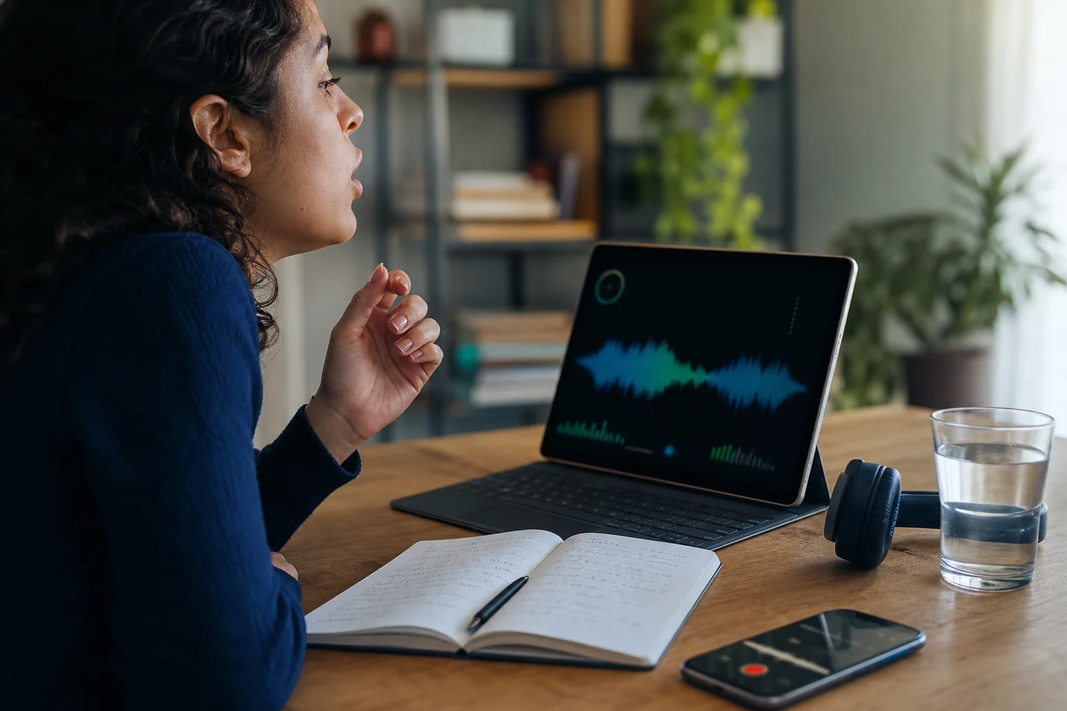Pessoa praticando pronúncia em inglês com apoio de IA em um ambiente de estudo, ouvindo e repetindo frases enquanto analisa o ritmo da fala.