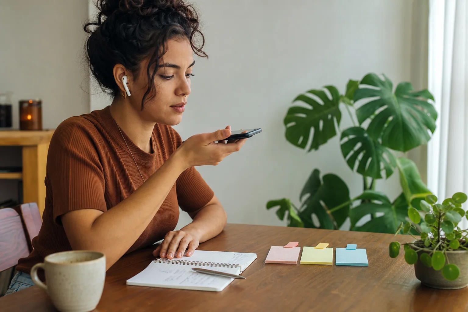 Pessoa estudando inglês no celular em casa com caderno e fones, em uma rotina simples de revisão e prática de fala.