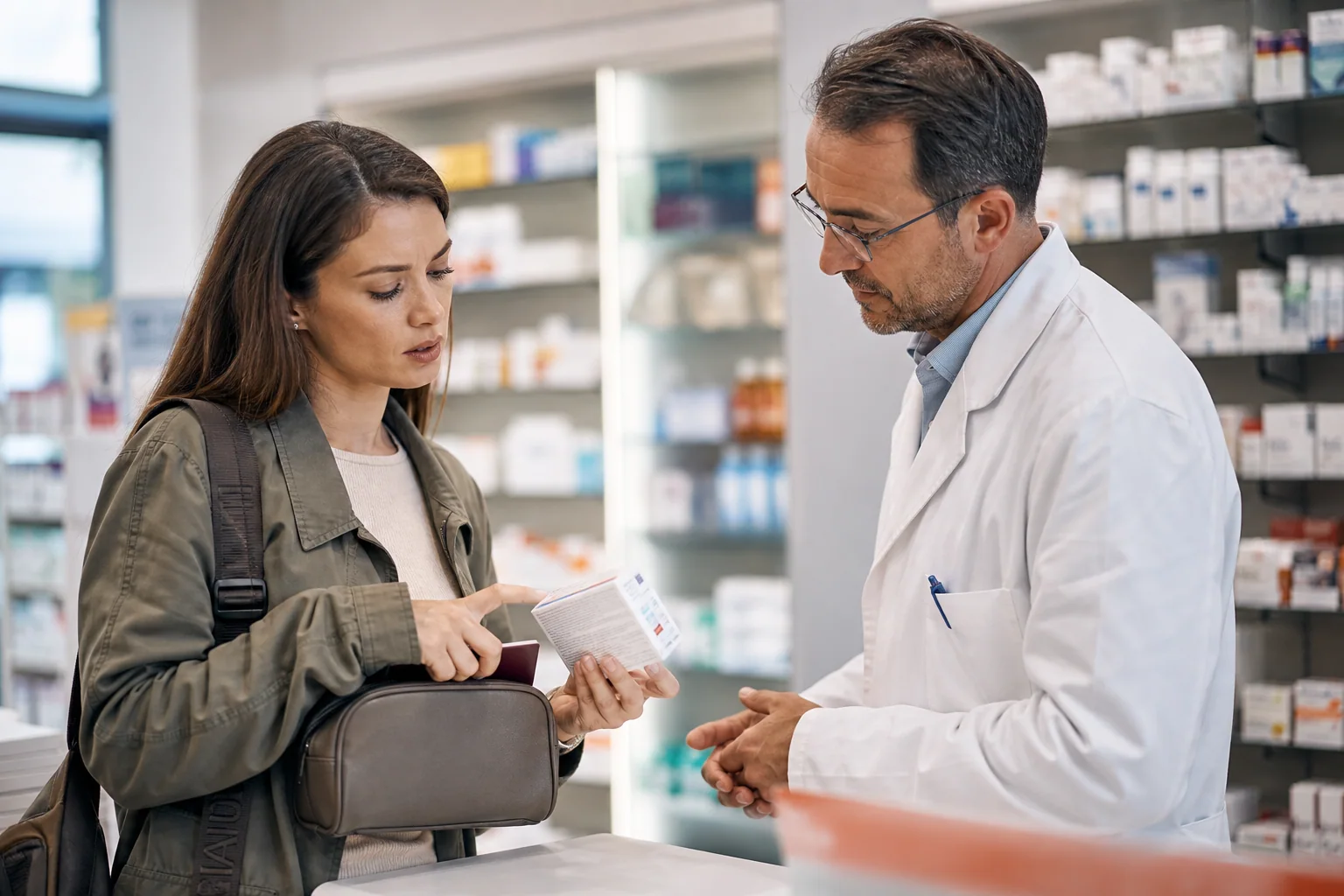 Viajante conversa com farmacêutico em uma farmácia e observa instruções de um remédio genérico.