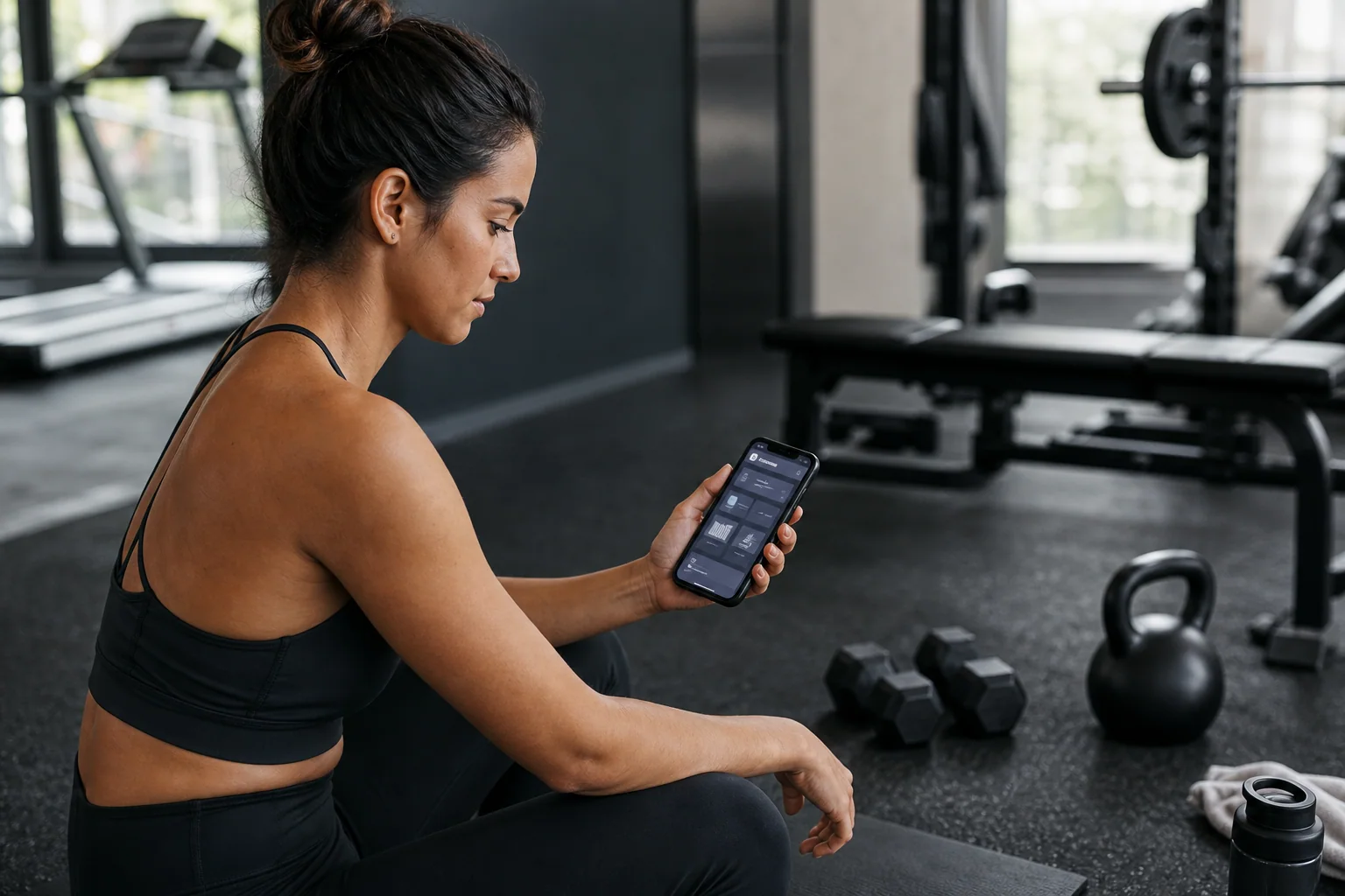 Pessoa em uma academia moderna consulta um app de treino no celular durante a pausa entre séries, cercada por pesos e aparelhos.