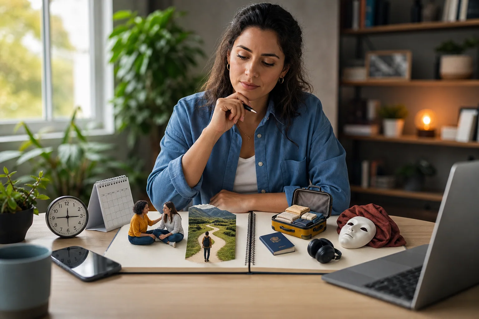 Pessoa brasileira estudando inglês em uma mesa, com objetos que simbolizam diferenças de significado entre palavras parecidas em inglês e português.