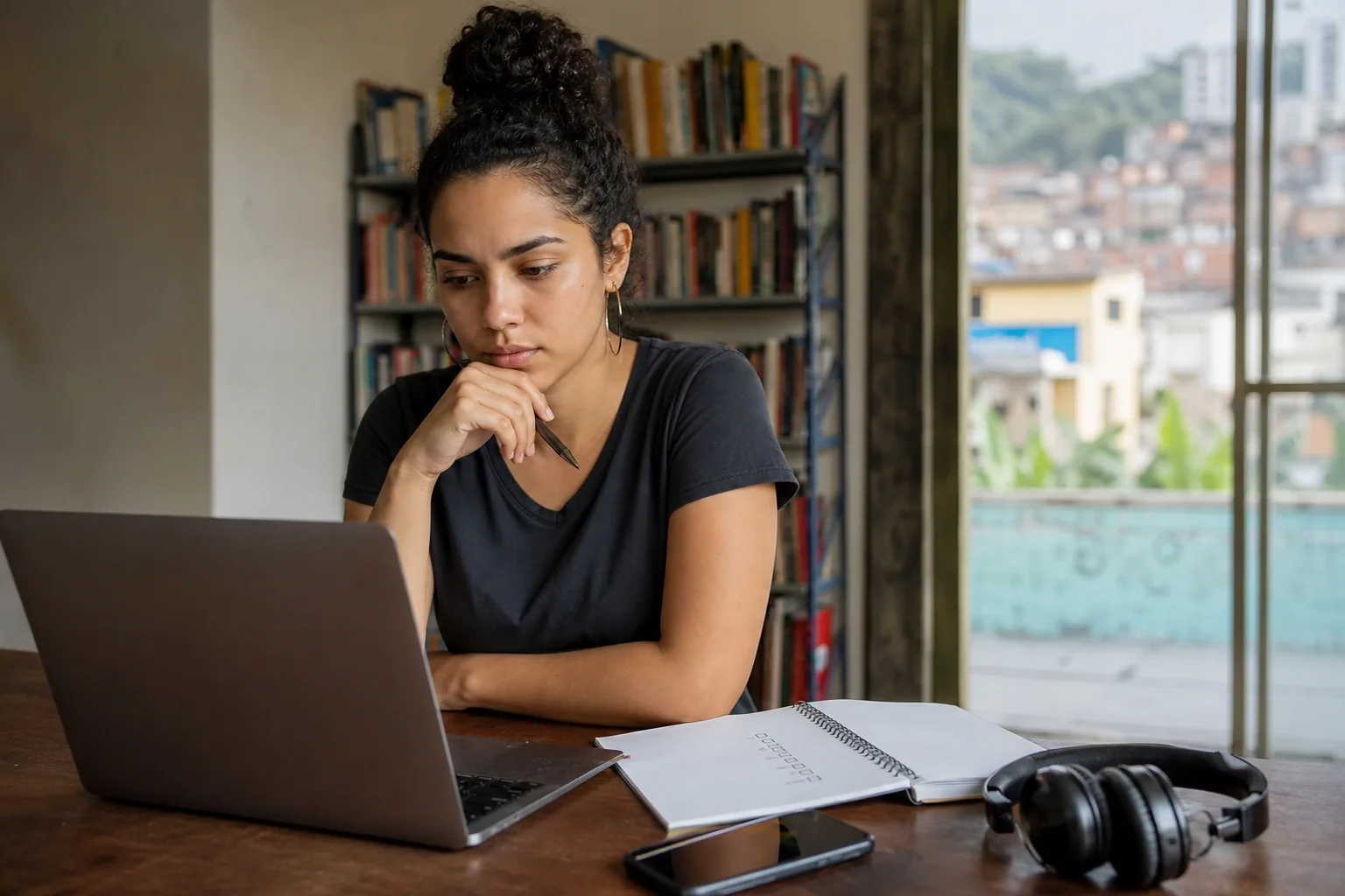 Jovem adulta analisa um curso online no notebook com caderno e fones ao lado, em ambiente de estudo, sugerindo avaliação prática antes de se inscrever.