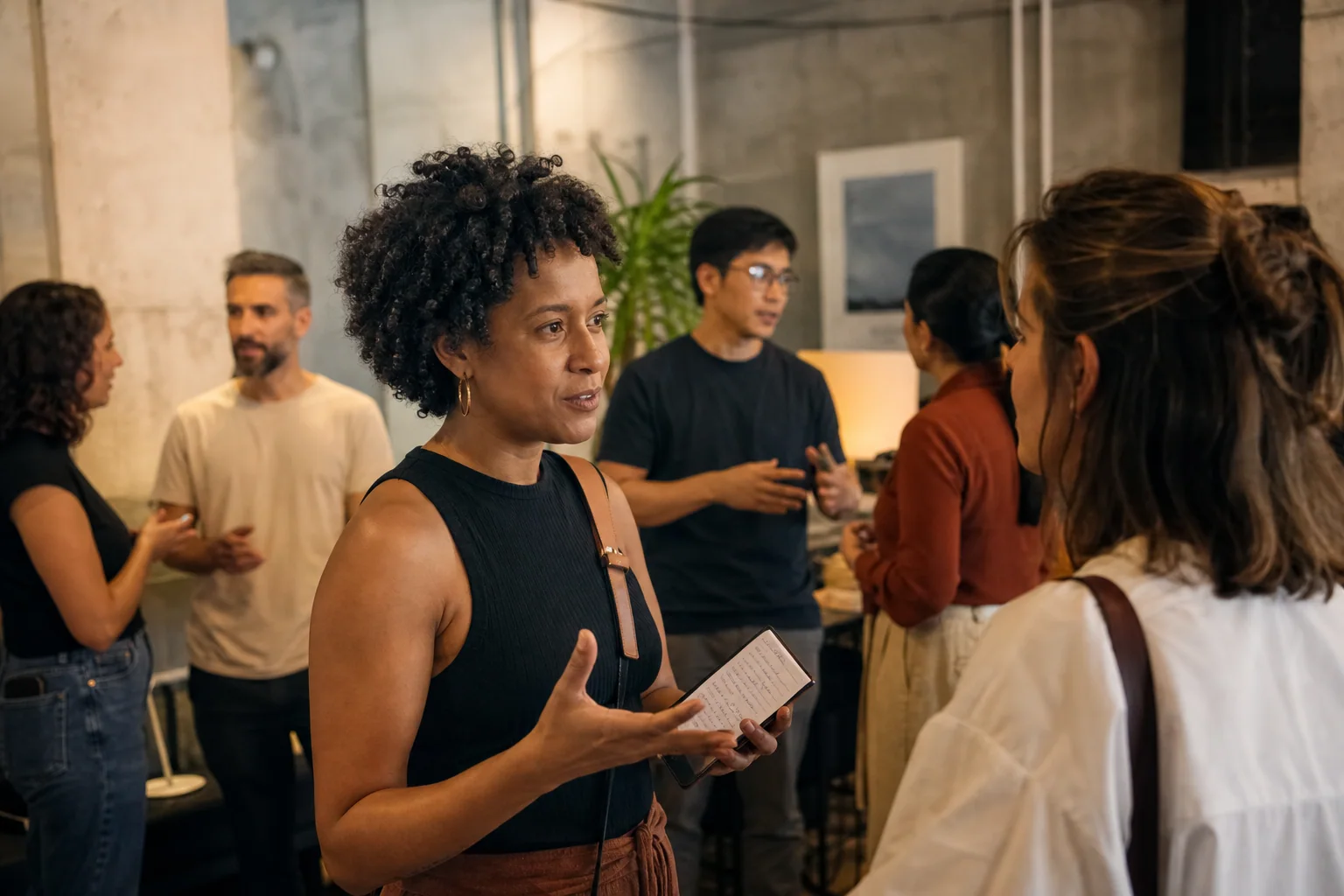 Adultos conversam em um encontro presencial informal enquanto uma participante consulta discretamente anotações curtas para praticar inglês de forma intencional.
