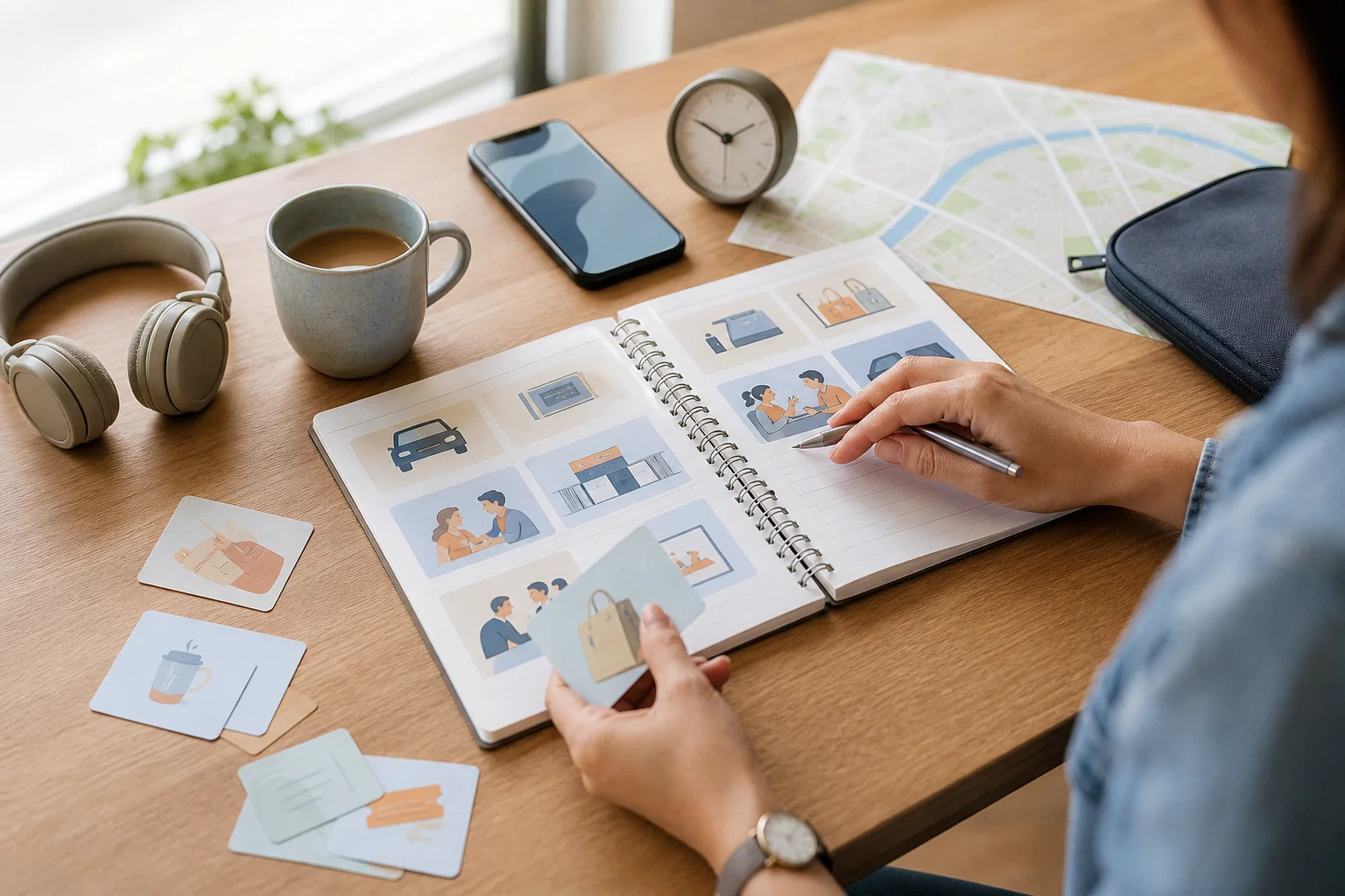 Mesa de estudo com caderno, cartões, fones e mãos organizando materiais, sugerindo aprendizado prático de inglês para o dia a dia.