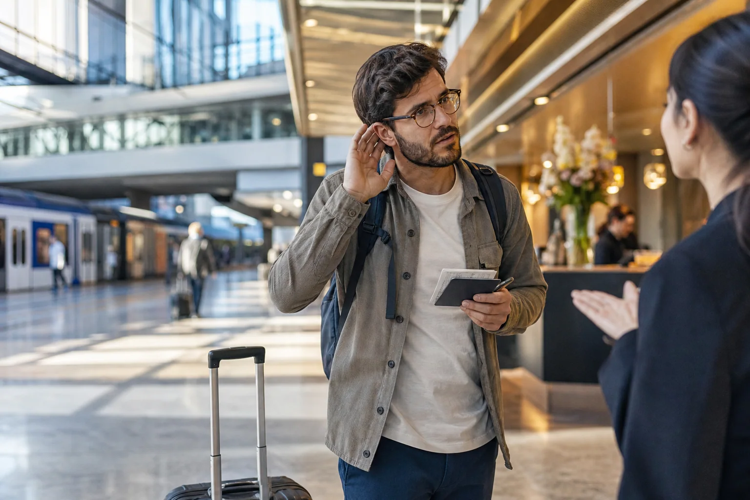 Viajante escuta atentamente orientações em um ambiente que combina elementos de aeroporto, hotel e transporte.