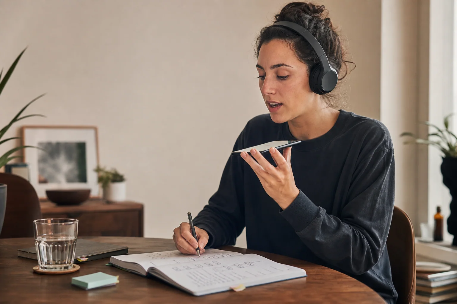 Pessoa estudando speaking sozinha em casa com fones, celular com áudio e caderno de revisão sobre a mesa.