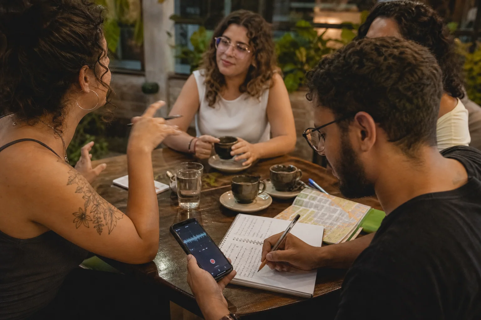 Grupo pequeno em encontro de conversação em inglês, com uma pessoa revisando anotações rápidas e celular após a conversa em um café.