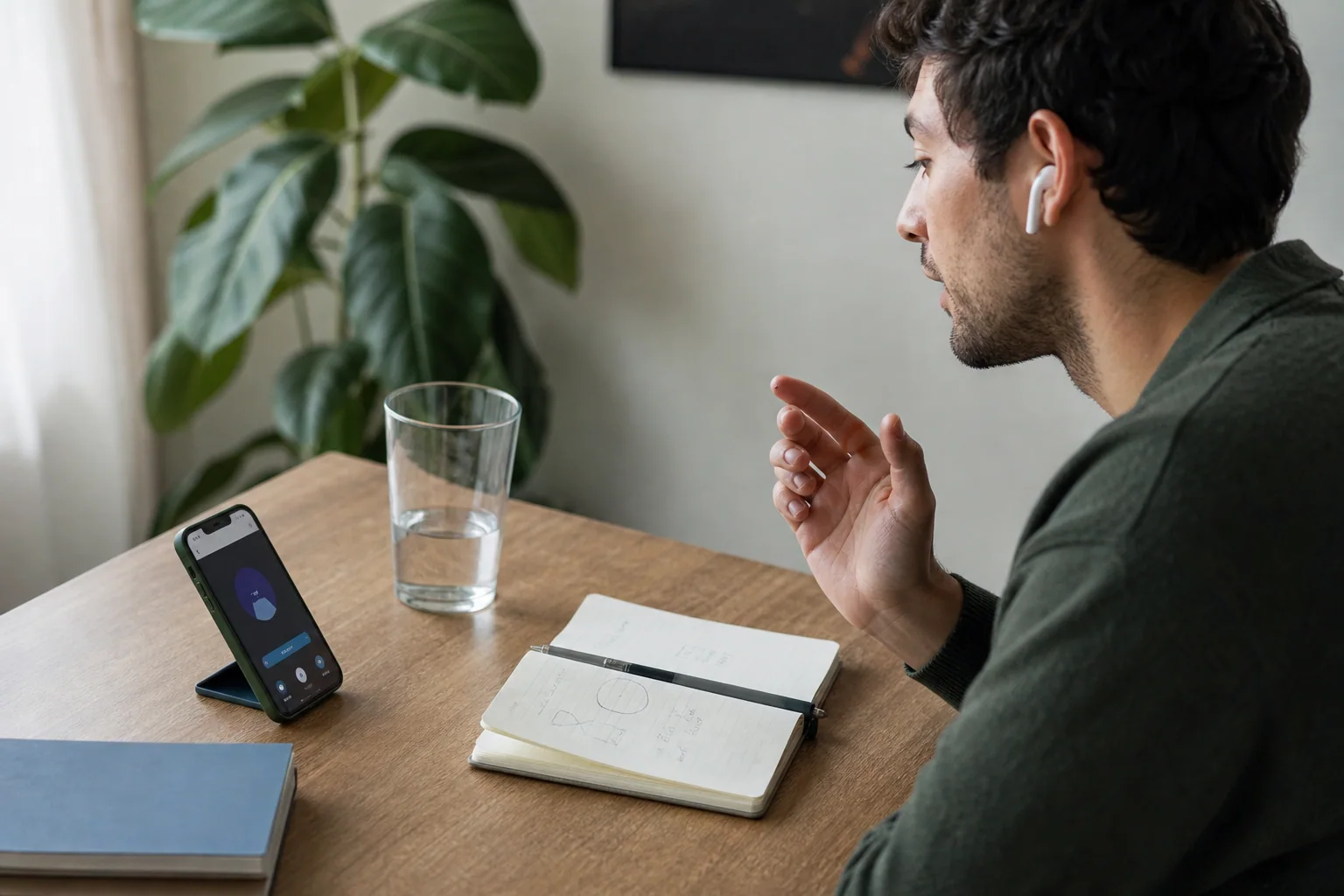 Pessoa estudando inglês com um único celular e poucas anotações em uma mesa organizada, em cena que transmite foco e simplicidade.