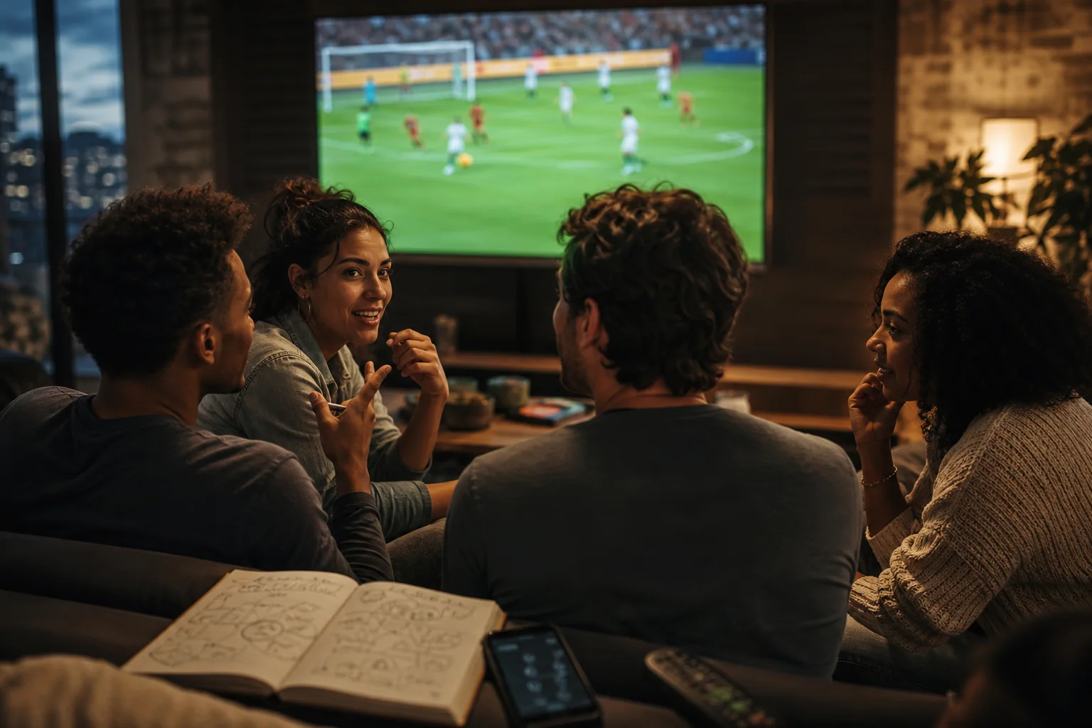 Grupo de brasileiros assiste a uma partida de futebol em casa enquanto interage de forma natural, sugerindo aprendizado de inglês durante a Copa do Mundo.