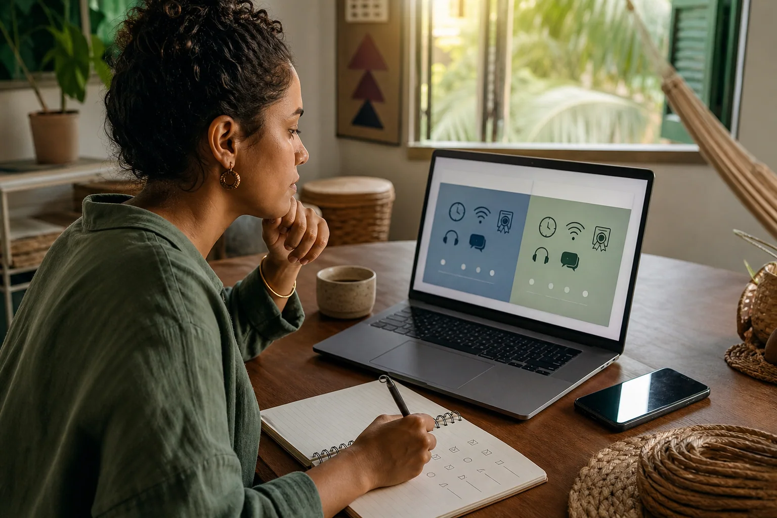 Pessoa compara opções de curso online de inglês no notebook, usando checklist visual e ícones de rotina, internet e certificado em ambiente doméstico.