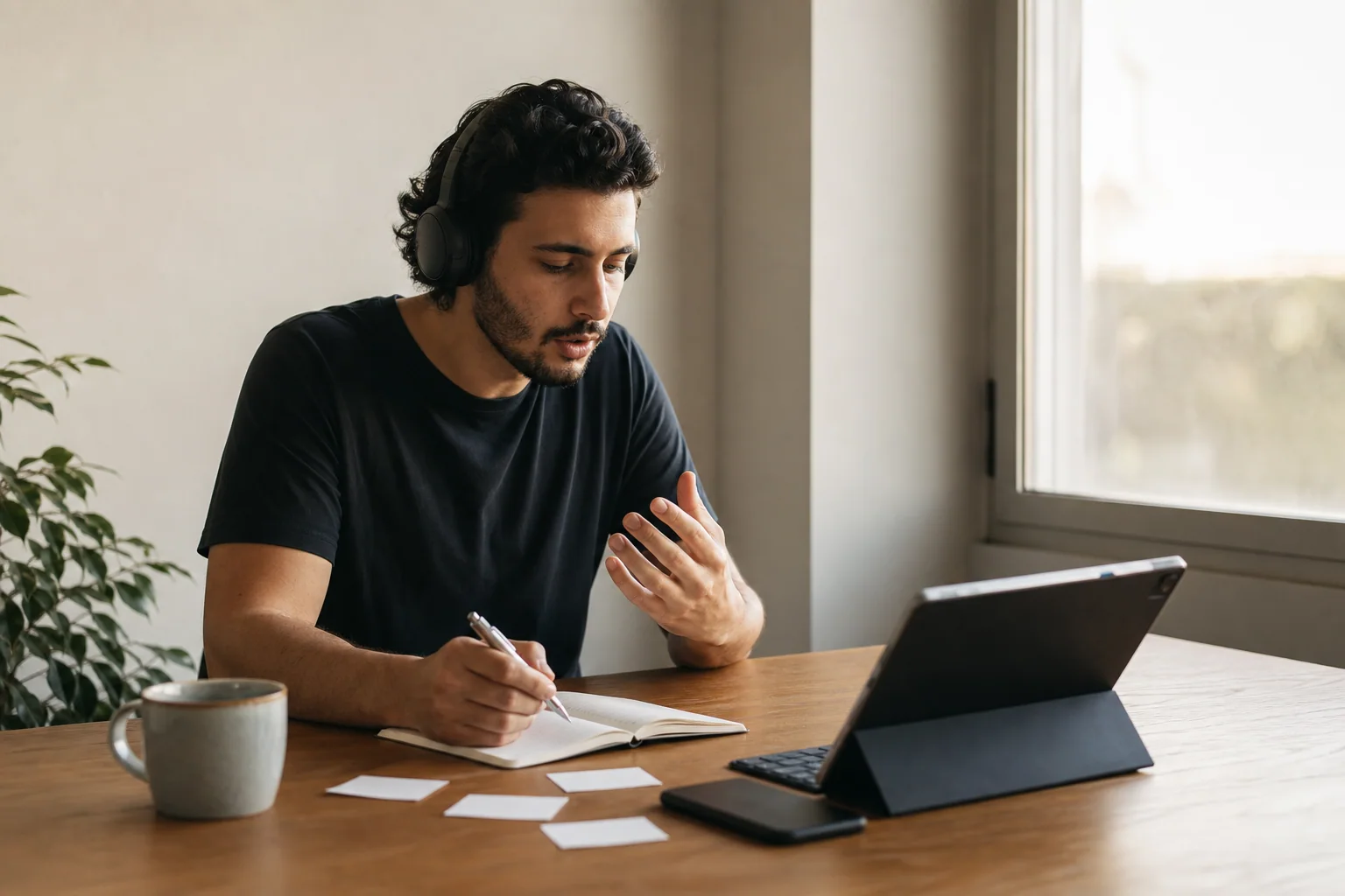 Pessoa estudando inglês em casa em uma mesa organizada, com notebook, caderno e poucos cartões de revisão, em ambiente iluminado por luz natural.