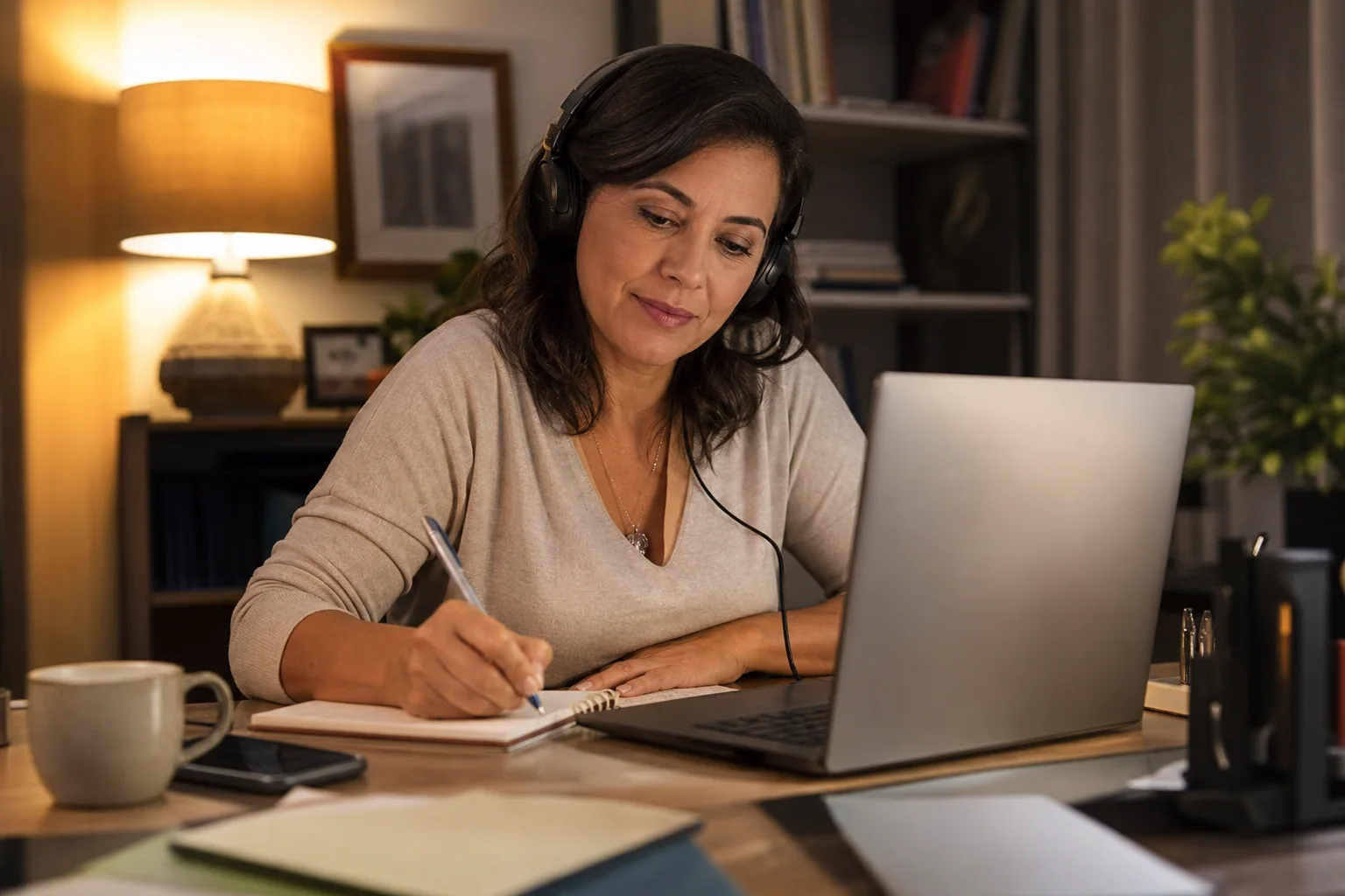 Pessoa adulta estudando inglês em casa à noite com notebook, caderno e fones, em um ambiente calmo e realista.