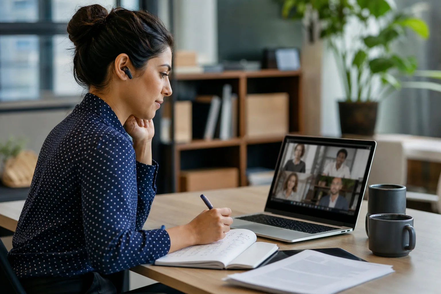 Profissional em ambiente de escritório participa de rotina de trabalho com notebook e videochamada, representando o uso prático do inglês em reuniões, e-mails e tarefas do dia a dia.