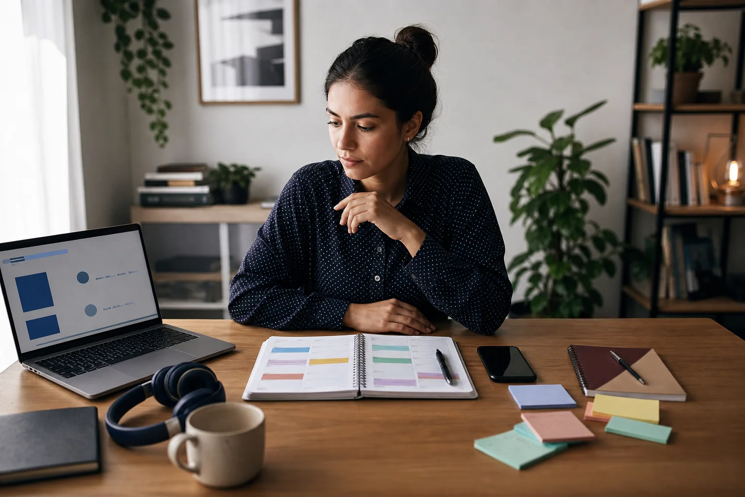 Pessoa adulta organiza o estudo de dois idiomas em uma mesa dividida por materiais diferentes, com notebook, celular e cadernos em ambiente doméstico iluminado.