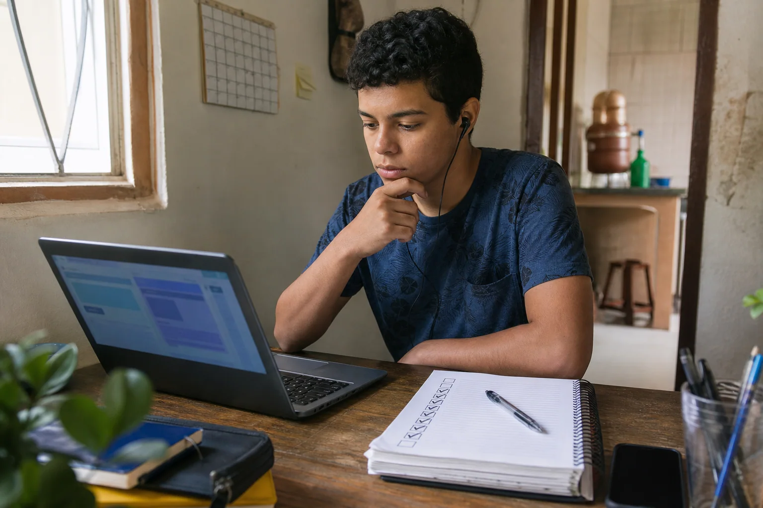 Jovem em casa analisa com calma um curso de inglês online, com caderno de checklist e celular sobre a mesa.