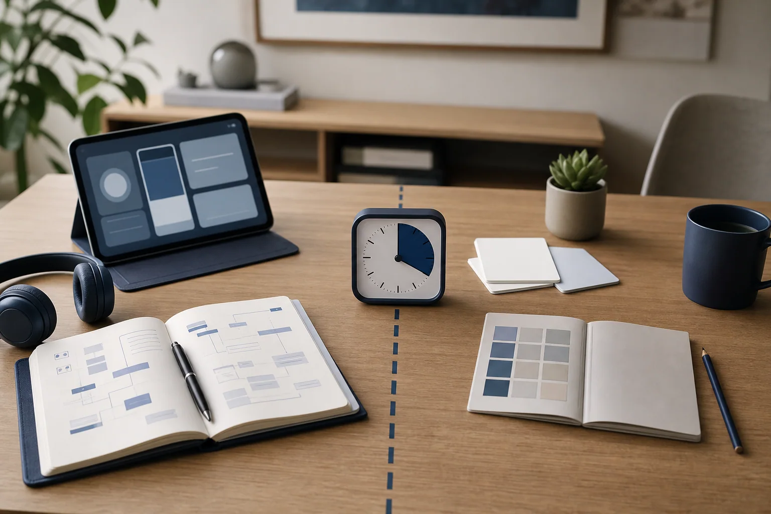 Mesa de estudo organizada com dois conjuntos separados de materiais, sugerindo aprendizado simultâneo de dois idiomas com foco em manter o inglês como prioridade.