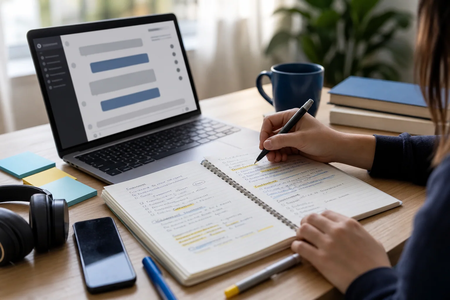 Mesa de estudo com laptop, caderno e anotações, mostrando uso criterioso de IA para praticar inglês.