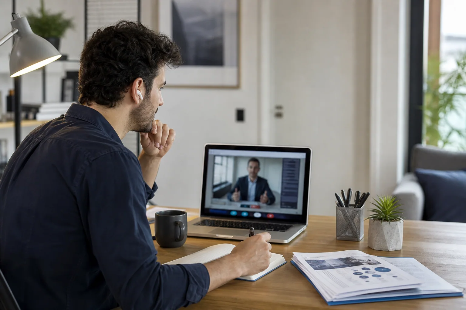 Profissional em mesa de trabalho participando de reunião online e consultando materiais, representando leitura, e-mail, entrevista e calls em inglês no contexto de uma vaga.