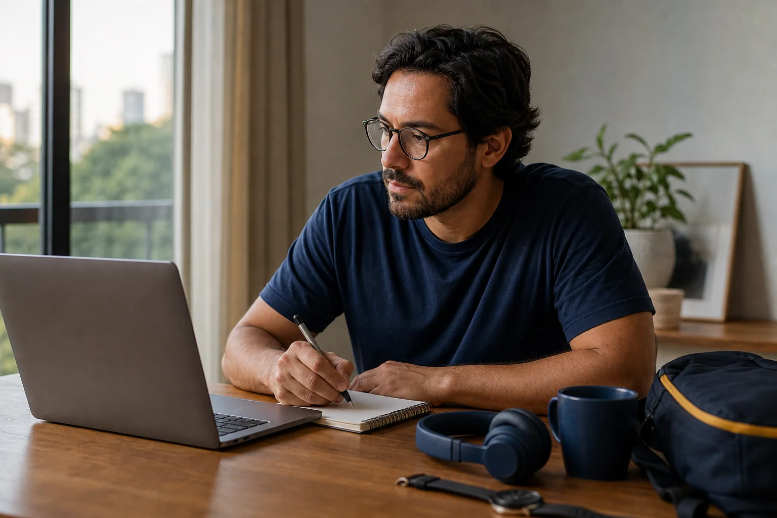 Pessoa adulta compara opções de curso de inglês no laptop enquanto anota um checklist em casa.