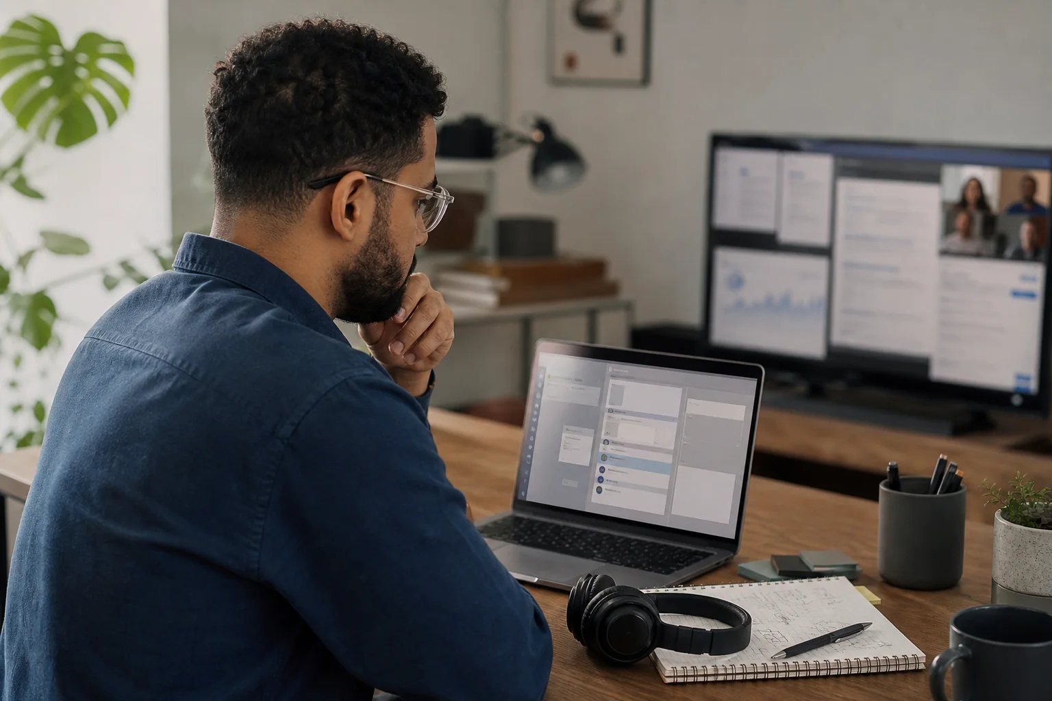 Profissional em escritório híbrido analisa tarefas de trabalho em inglês em notebook e telas desfocadas, sugerindo leitura, e-mails, reuniões e colaboração internacional.