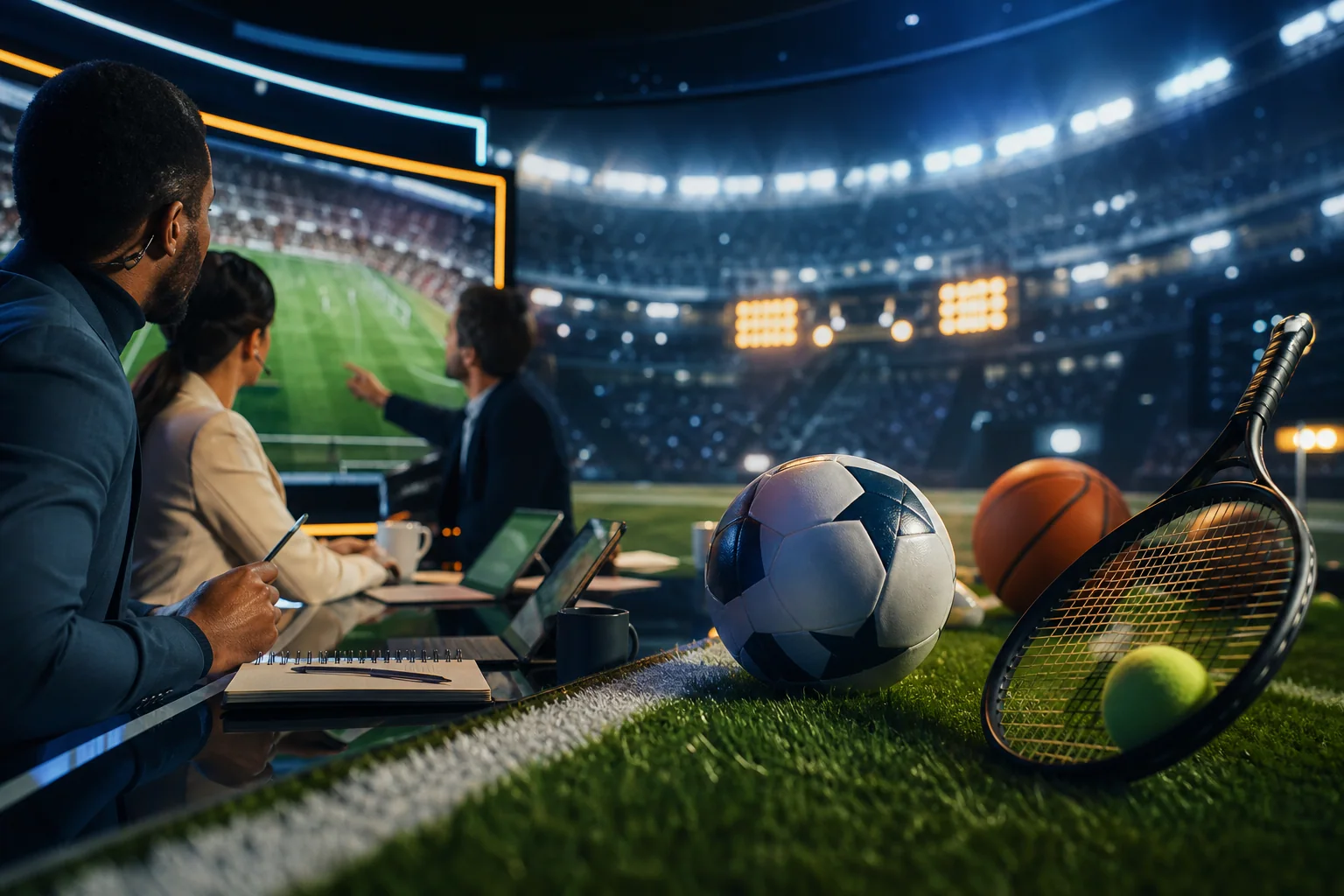 Objetos de diferentes esportes em cenário editorial com luzes de estádio e clima de análise esportiva, sugerindo o vocabulário usado em notícias em inglês.