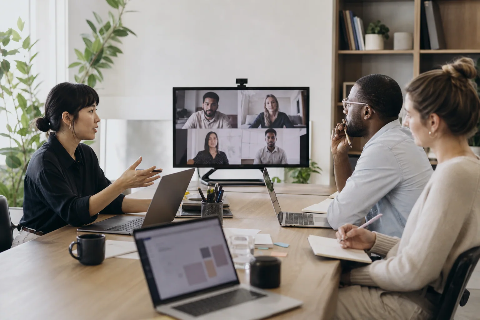 Equipe profissional em ambiente de trabalho híbrido conversando de forma natural em uma reunião, com laptops e anotações em um escritório moderno.