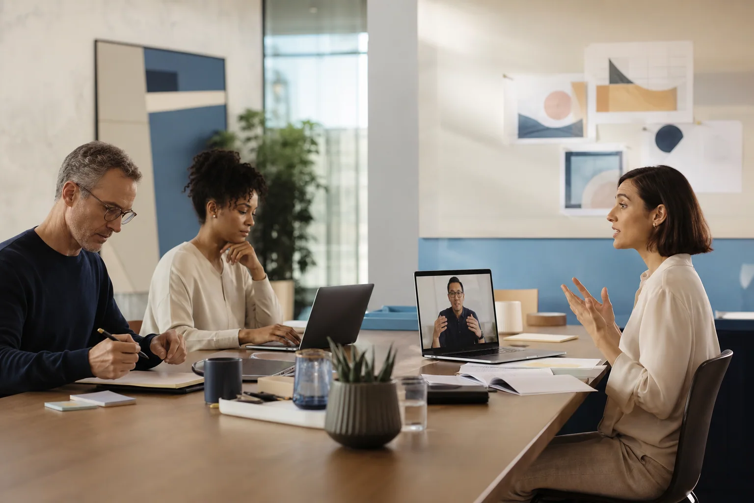 Profissionais em ambiente de trabalho colaborativo, com diferentes níveis de interação em tarefas, mensagens, reunião online e alinhamento estratégico.