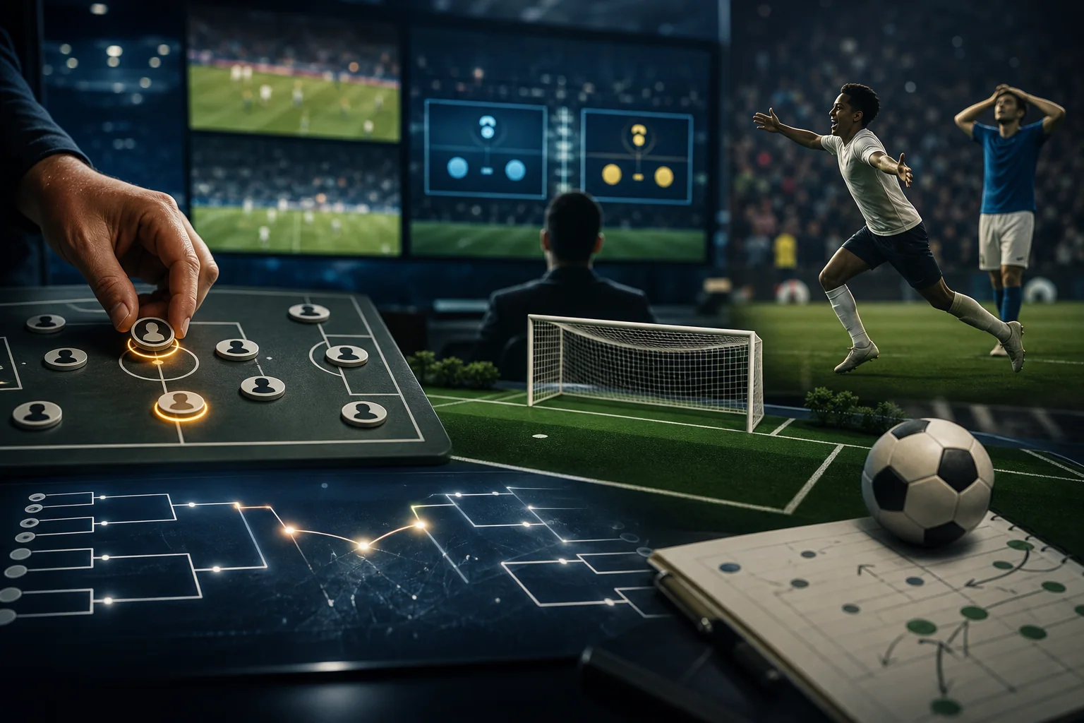 Imagem horizontal editorial com cena de análise de futebol e elementos visuais que sugerem convocação, empate ou sorteio, defesa sem sofrer gols e resultado surpreendente em contexto de Copa.