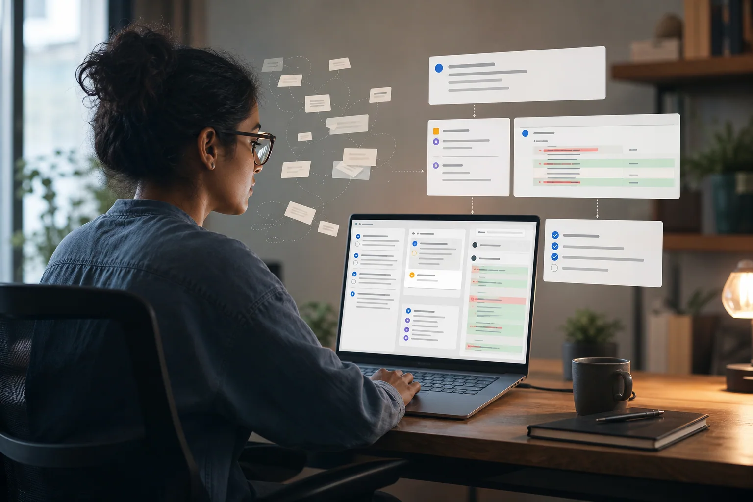 Desenvolvedor organizando notas e revisando interfaces de documentação, issues e pull requests em um workspace moderno, com foco em clareza e estrutura.