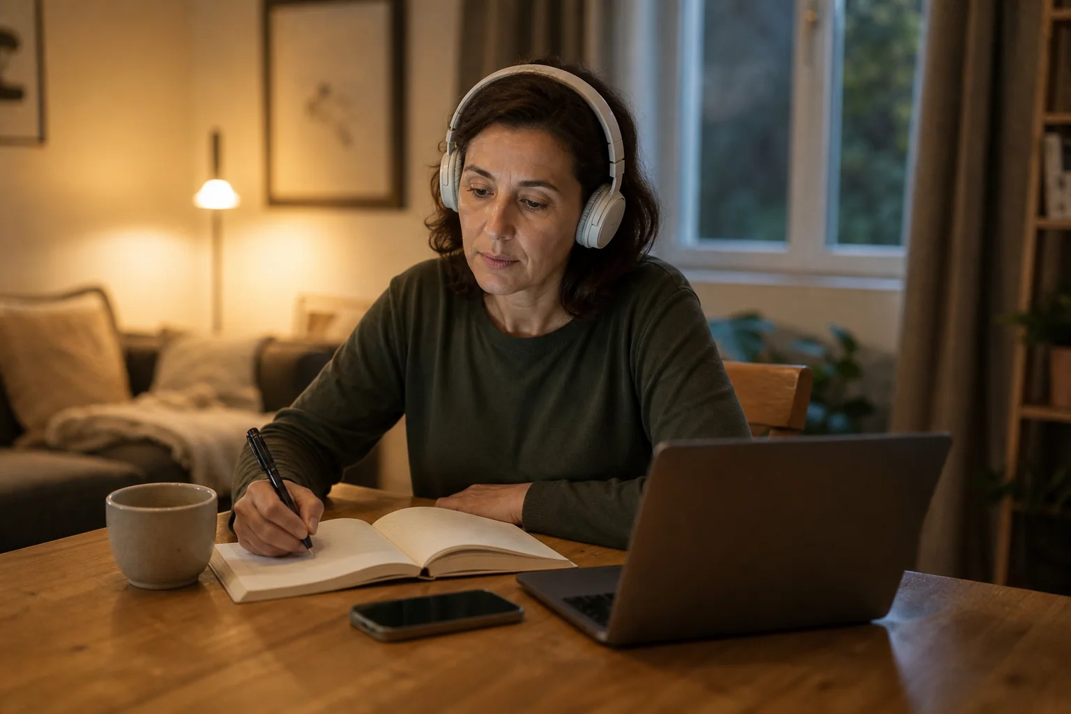 Pessoa adulta estudando inglês em casa à noite, com caderno, fones e laptop, em uma rotina curta e realista.
