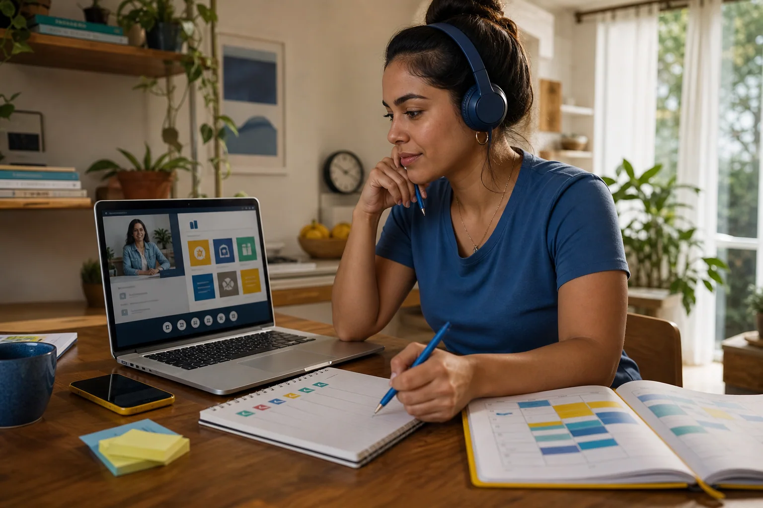 Jovem adulta analisa em casa, diante de notebook e agenda, se um curso online de inglês se encaixa na sua rotina.