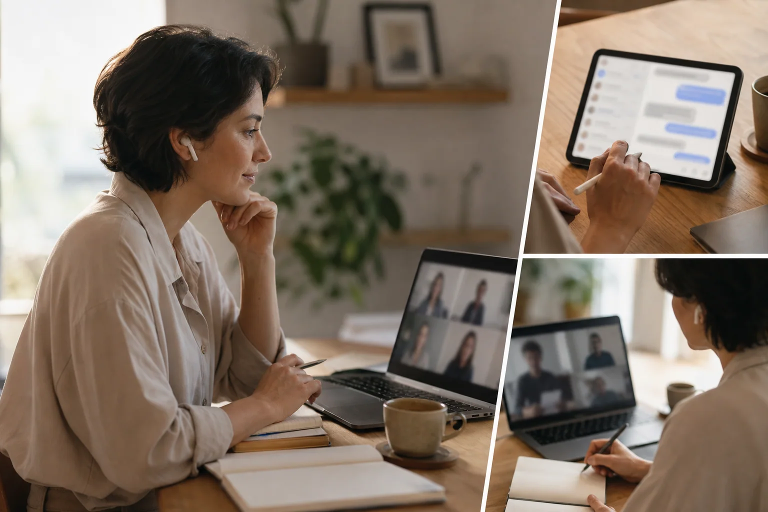 Profissional em home office diante de laptop, em ambiente iluminado e organizado, sugerindo conversas por chat, call e follow-up no trabalho remoto.