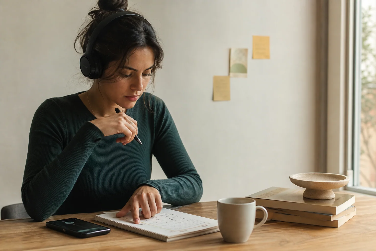 Pessoa estudando inglês com música de forma ativa, usando fones e fazendo anotações curtas em um caderno ao lado do celular.