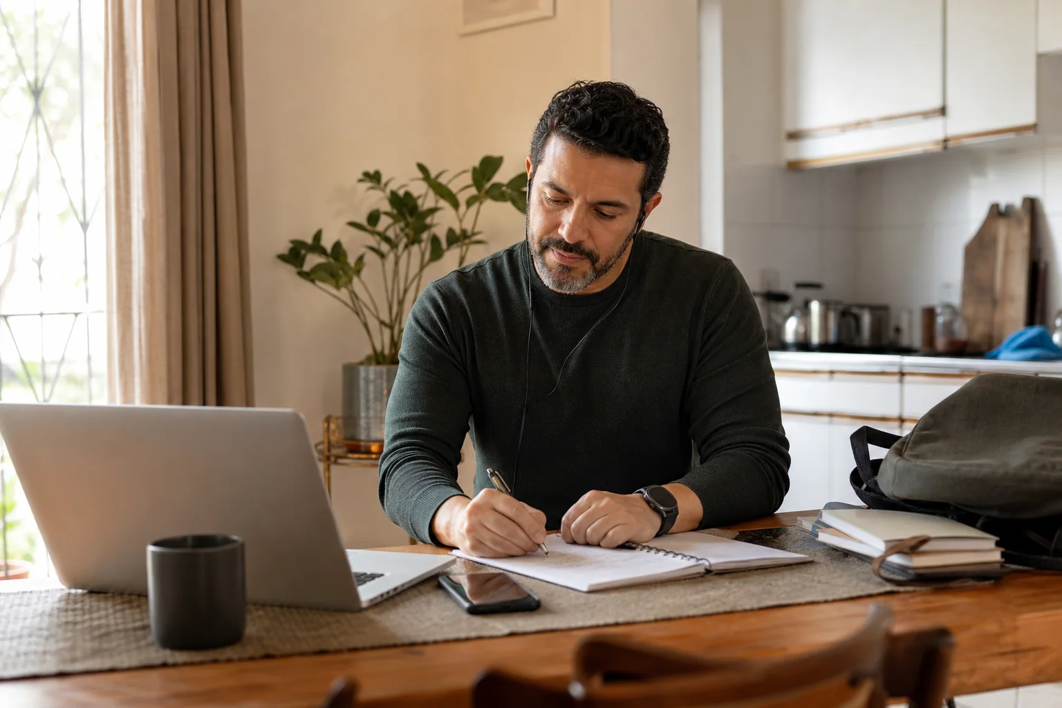 Pessoa adulta estudando inglês em casa com notebook, caderno e fones, em uma rotina realista e tranquila.