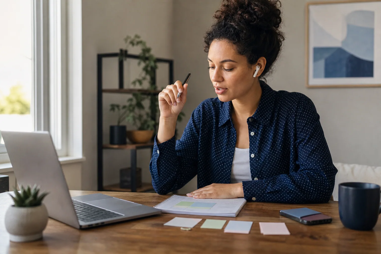 Pessoa estudando inglês em casa com notebook, caderno e fones, em uma rotina simples de revisão e prática oral.