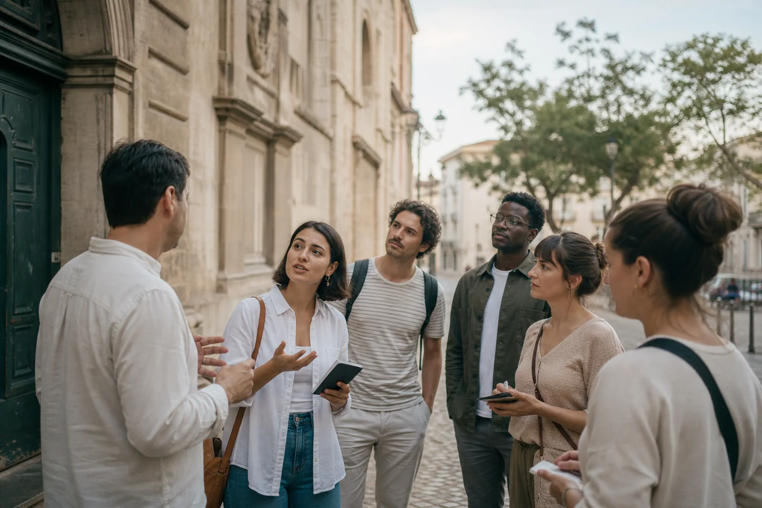 Grupo pequeno de adultos participa de conversa em inglês durante passeio urbano, com uma pessoa fazendo anotações e outras ouvindo com atenção em uma rua histórica.